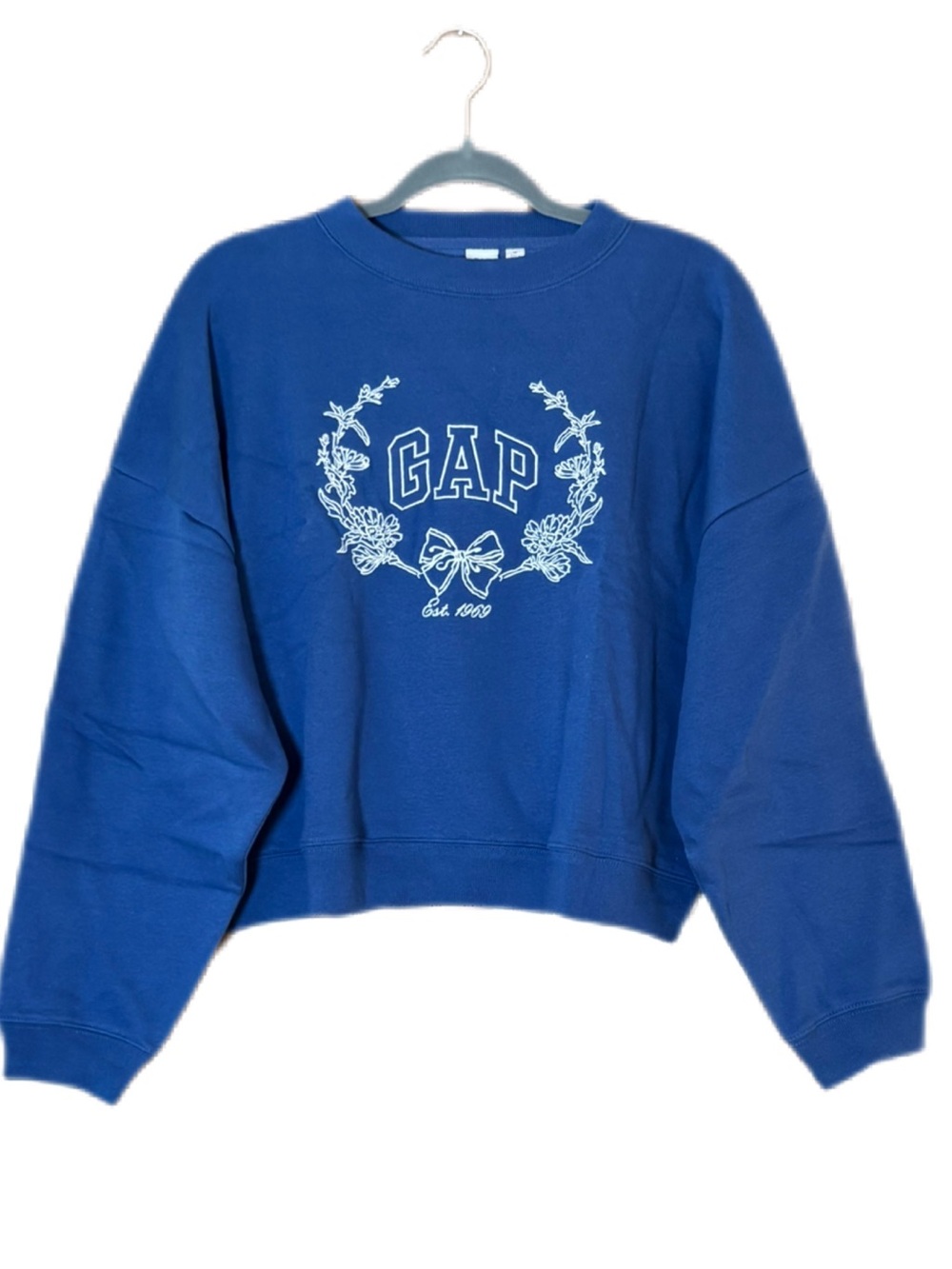 Gap Blue Floral Bow Logo Cropped Crewneck Sweatshirt New With Tags